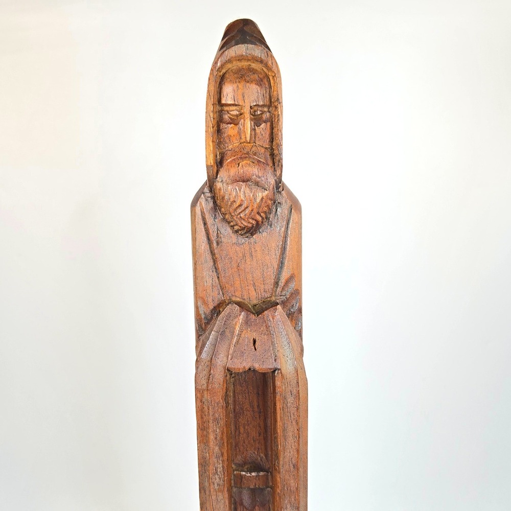 Vintage Hand Carved Wood Monk Statue Mexico Bearded Friar Religious Folk Art 15"